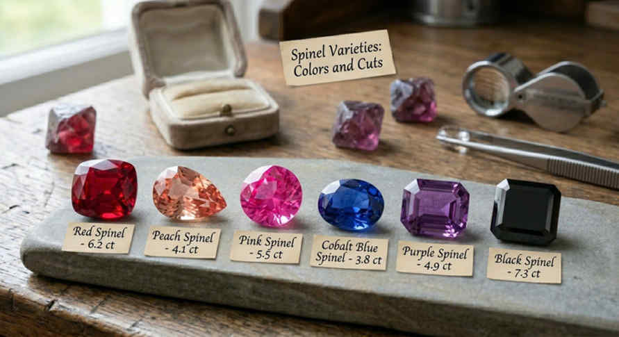 các màu đá spinel tự nhiên: red, peach, pink, cobalt blue, purple, black spinel